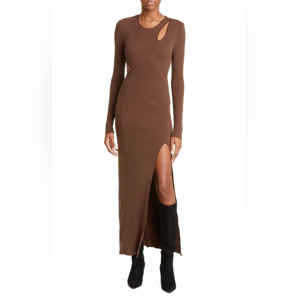 Revolve THE RANGE Mass Rib Cutout Long Sleeve Midi Sweater Dress Espresso Large